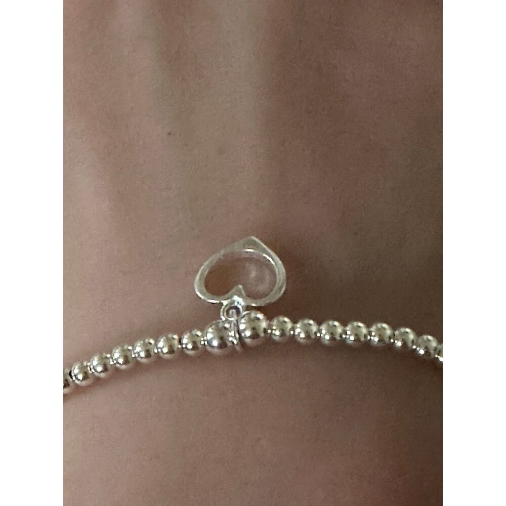 925 Sterling Silver Beaded Stretch Stacking Bracelet Heart Charm Minimalist S7" - Picture 5 of 5